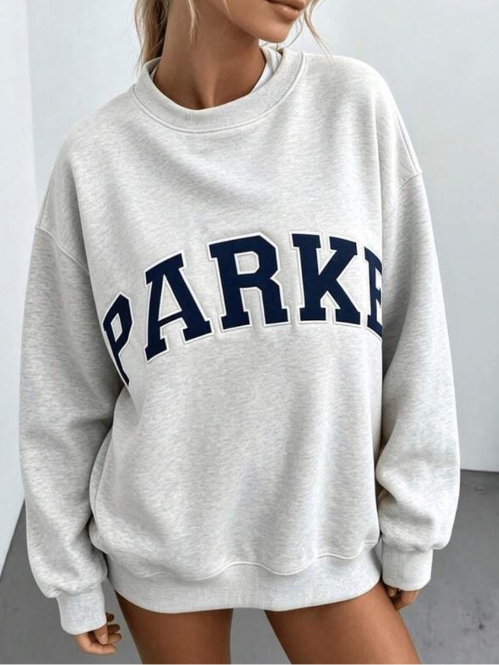 Parke Crewneck Sweatshirt — Light Gray with Navy Lettering